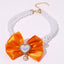 2 - PCS Cute Pet Pearl Necklace Collar with Orange Bow and Heart Charm - Size S