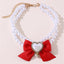 2 - PCS Cute Pet Pearl Necklace Collar with Red Bow and Heart Charm - Size S