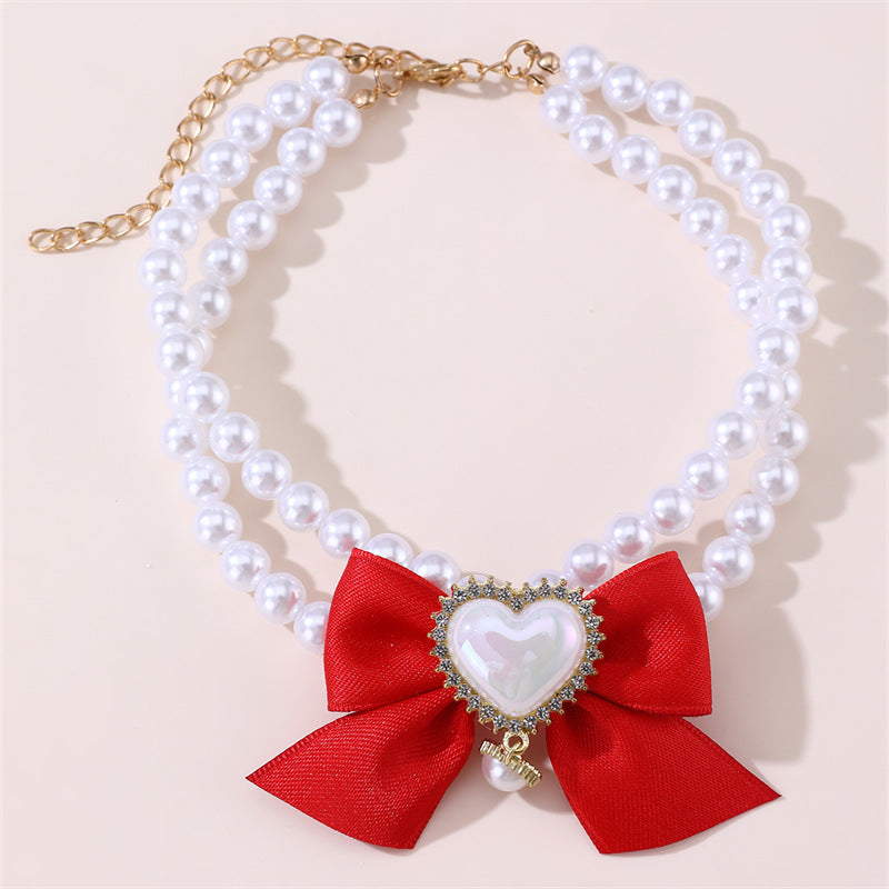 2 - PCS Cute Pet Pearl Necklace Collar with Red Bow and Heart Charm - Size S