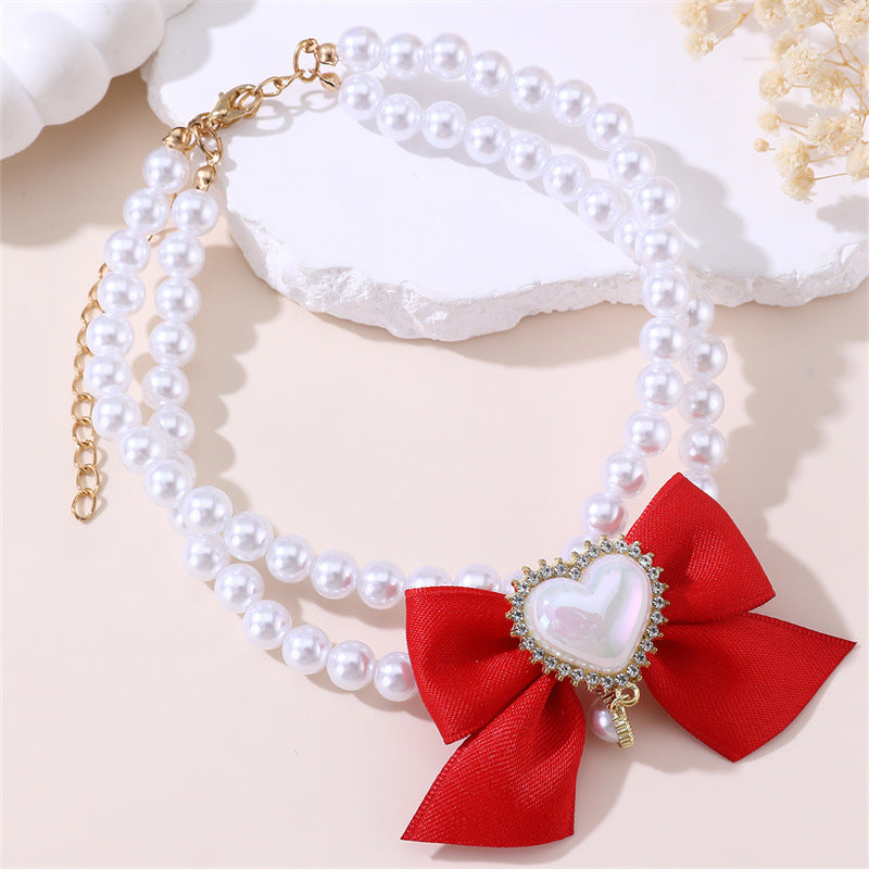 2 - PCS Cute Pet Pearl Necklace Collar with Red Bow and Heart Charm - Size S