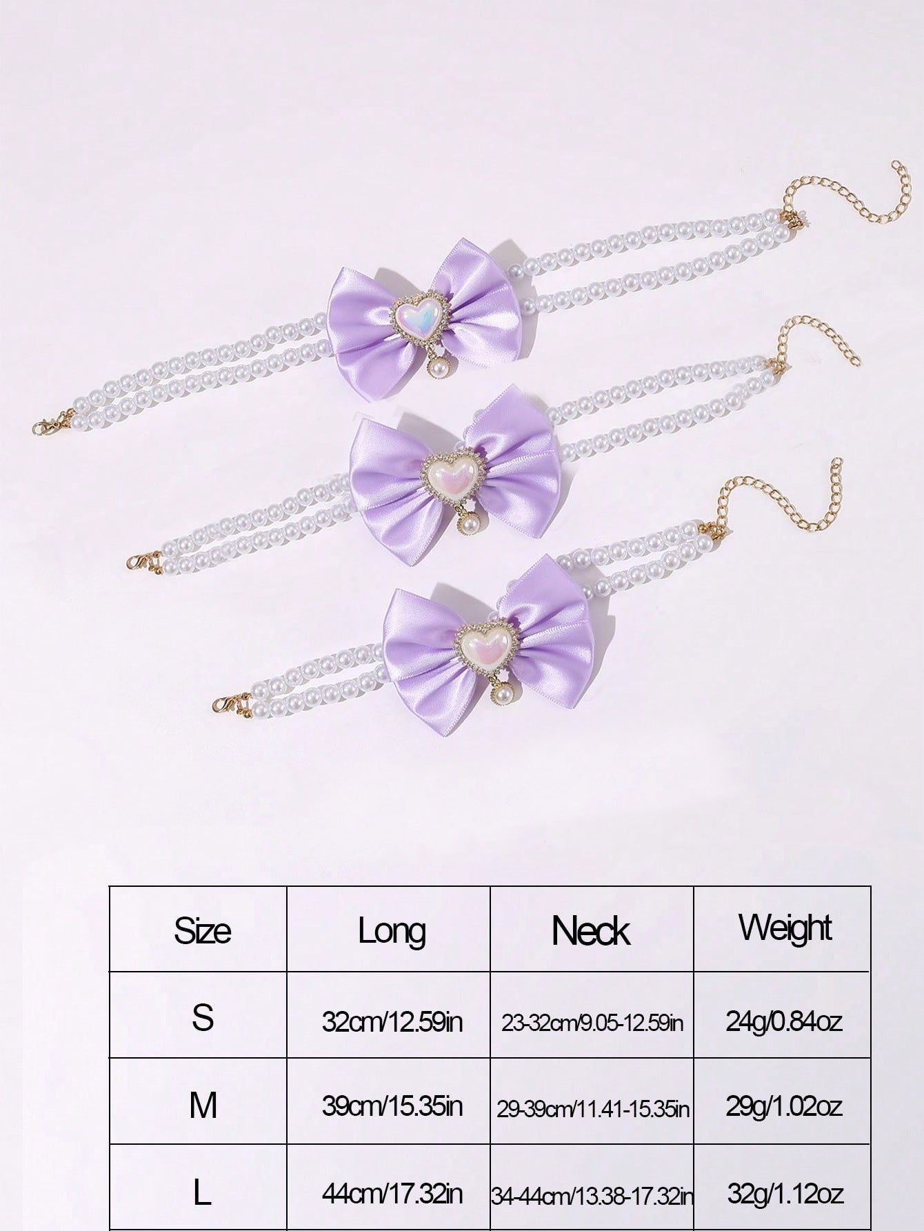2 - PCS Cute Pet Pearl Necklace Collar with Purple Bow and Heart Charm - Size M