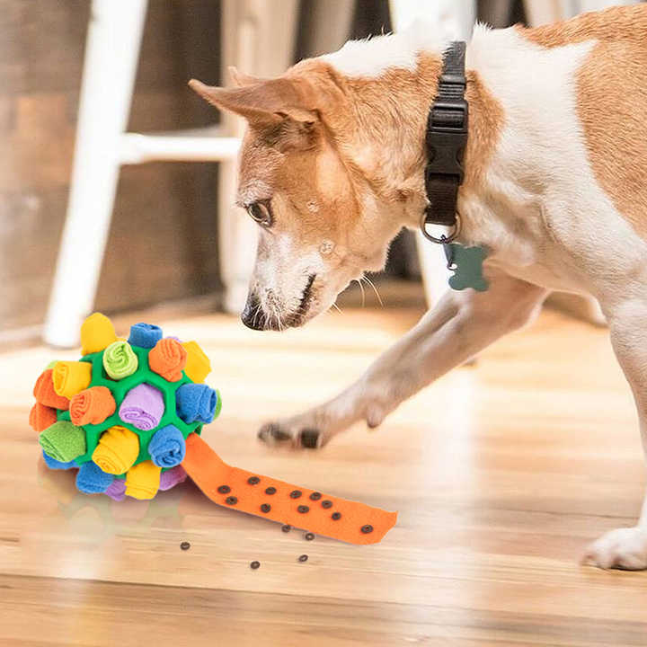 Purple Ball And Colorful Strips Of Fabric Interactive Pet Snuffle Ball - Treat-Dispensing Toy for Dogs and Cats, 20 cm TPR and Felt Fabric for Mental Stimulation
