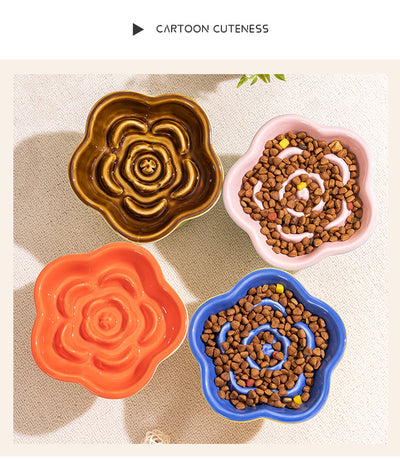 Khaki and Orange Ceramic Slow Feeder Pet Bowl for Cats and Small Dogs - Anti-Choke Elevated Design with 15-Degree Tilted Rim