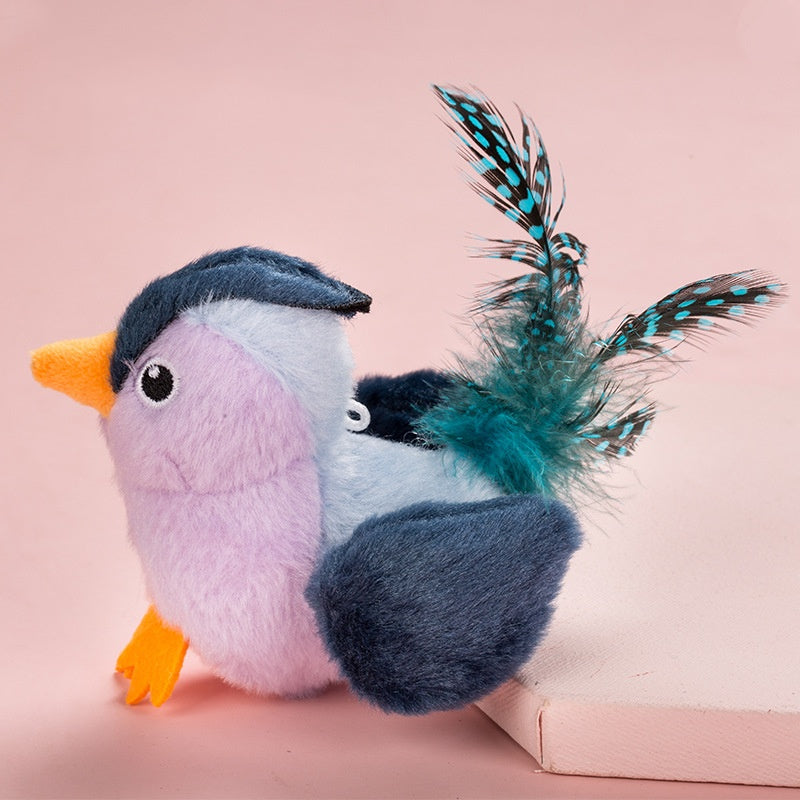 Interactive Plush Cat Toy - Lifelike Bird with Chirping Sounds and Feathers,Purple Gray