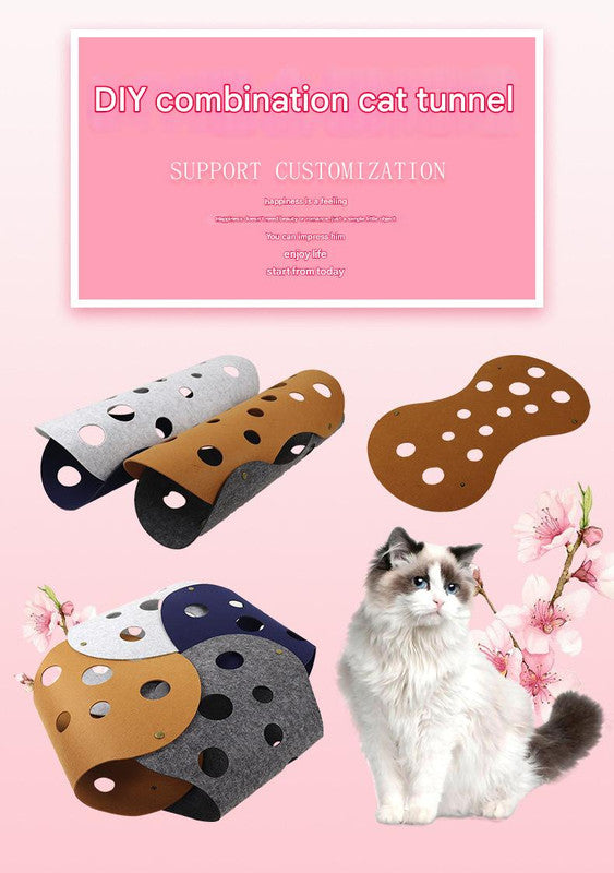 DIY Felt Cat Tunnel - Foldable Egg Roll-Shaped Pet Toy with Multiple Holes(Brown + Green)