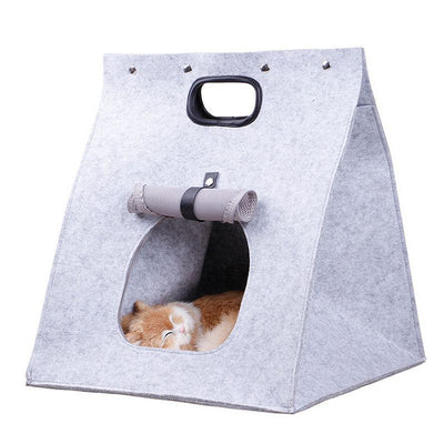 Grey Cozy A-Frame Felt Pet Teepee - Foldable & Portable Cat Cave Bed with Easy Carry Handle
