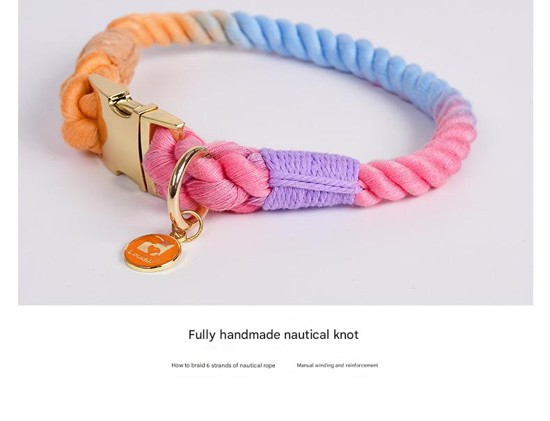 Handmade Rope Dog Collar and Leash Set - Colorful Woven Cotton Cotton (Leather pink - Size M)