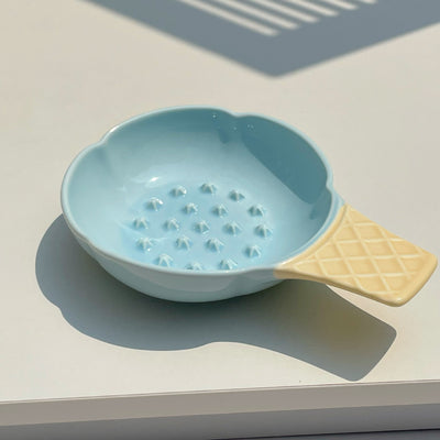 Blue and Yellow Adorable Ice Cream Cone Ceramic Slow Feeder Pet Bowl - Fun Anti-Gulp Design for Cats & Dogs