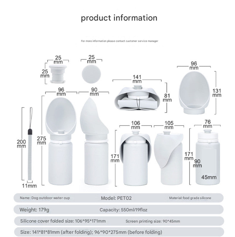 Pink Portable Pet Dog Water Bottle 550ml - Foldable Food-Grade Silicone Travel Drinker with Leak-Proof Dispenser