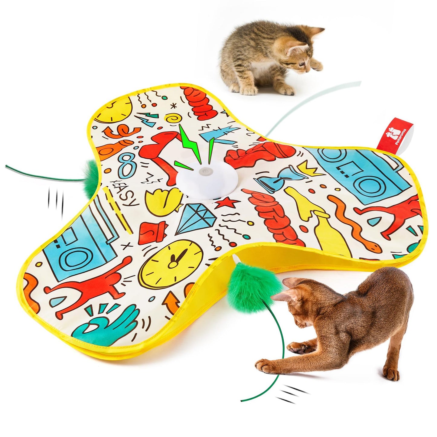 Yellow Interactive Cat Toys Rechargeable,Moving Concealed Feathers,Real Mouse Squeaky,Touch Activated Cat Kitten Toy Exercise Toys for Indoor Bored Adult Cats