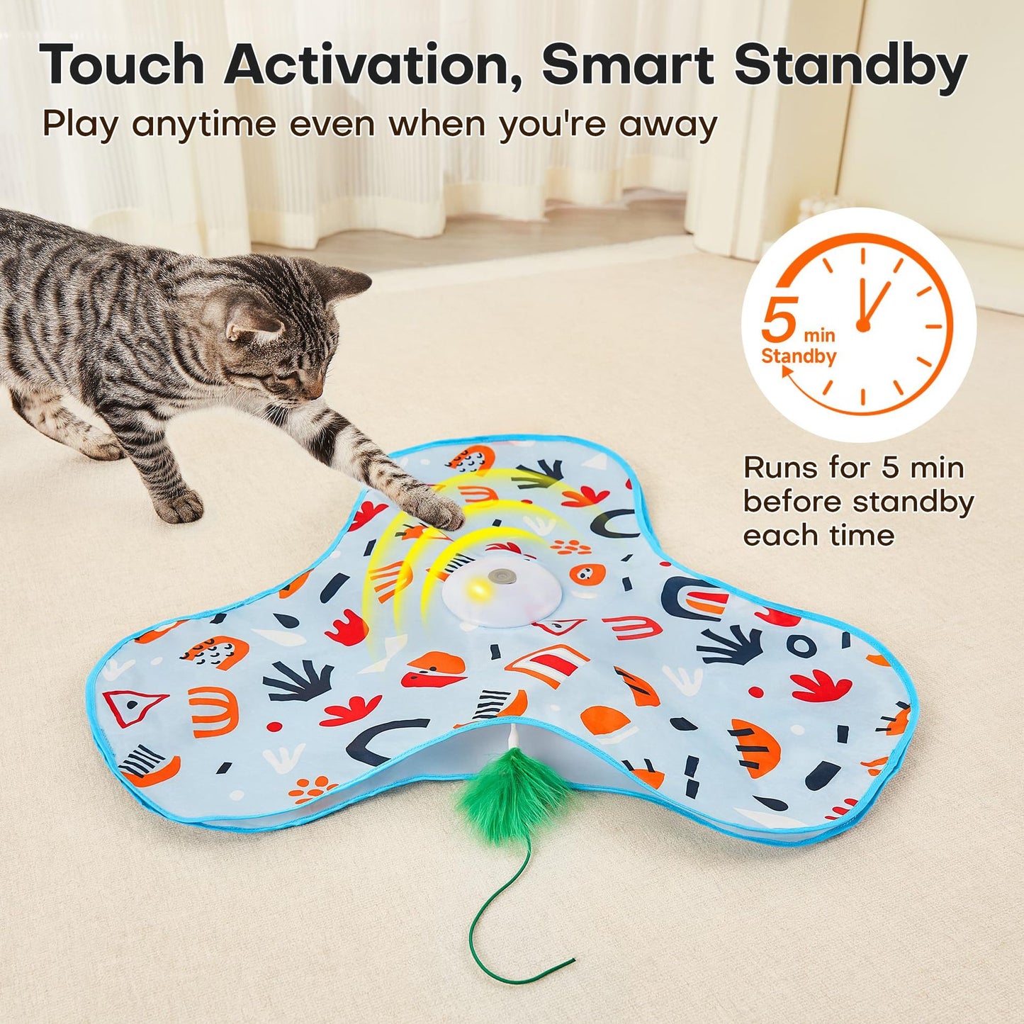 Yellow Interactive Cat Toys Rechargeable,Moving Concealed Feathers,Real Mouse Squeaky,Touch Activated Cat Kitten Toy Exercise Toys for Indoor Bored Adult Cats