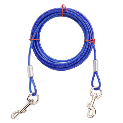 Blue Heavy-Duty Steel Wire Dual-Head Dog Tie-Out Cable Leash(6mm x 10m - 33ft) - with Dual Swivel Hooks for Tethers and Double Dog Walking