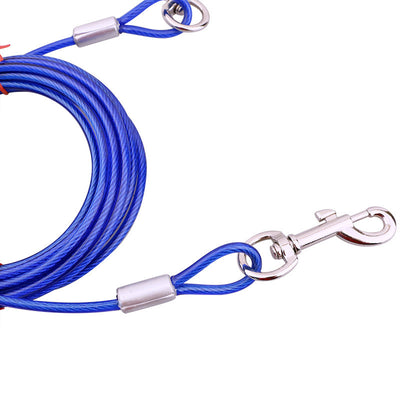 Blue Heavy-Duty Steel Wire Dual-Head Dog Tie-Out Cable Leash(6mm x 10m - 33ft) - with Dual Swivel Hooks for Tethers and Double Dog Walking