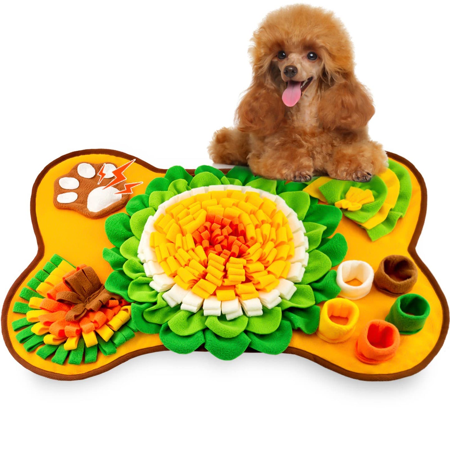 Interactive Dog Snuffle Mat Bone Shape 64x43cm - Slow Feeder & Foraging Puzzle Toy - Golden Yellow Fleece Nosework Pad for Anxiety Relief & Mental Stimulation