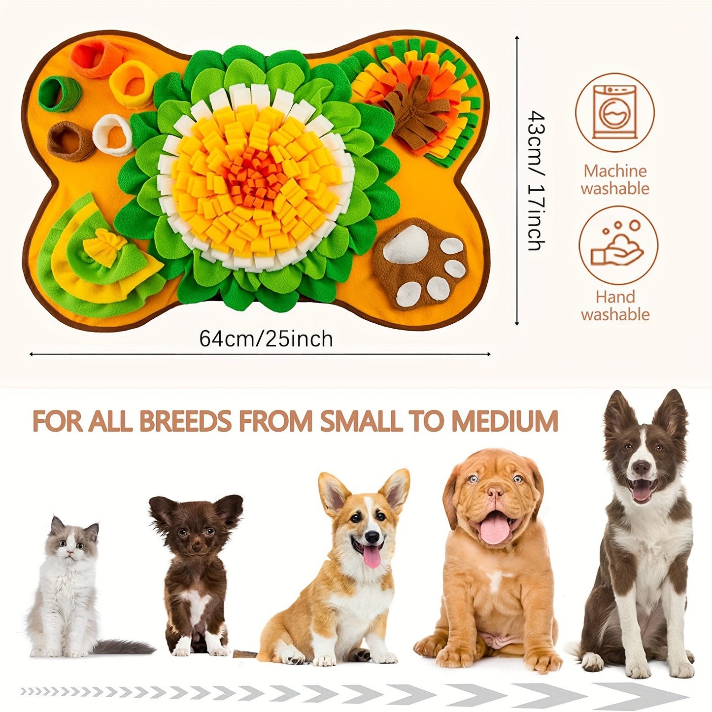 Interactive Dog Snuffle Mat Bone Shape 64x43cm - Slow Feeder & Foraging Puzzle Toy - Golden Yellow Fleece Nosework Pad for Anxiety Relief & Mental Stimulation