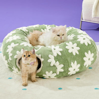 2 In 1 Cat Tunnel Bed Green Daisy 80cm Plush Donut Cave And Play Tube Detachable Cushion For Indoor Cats