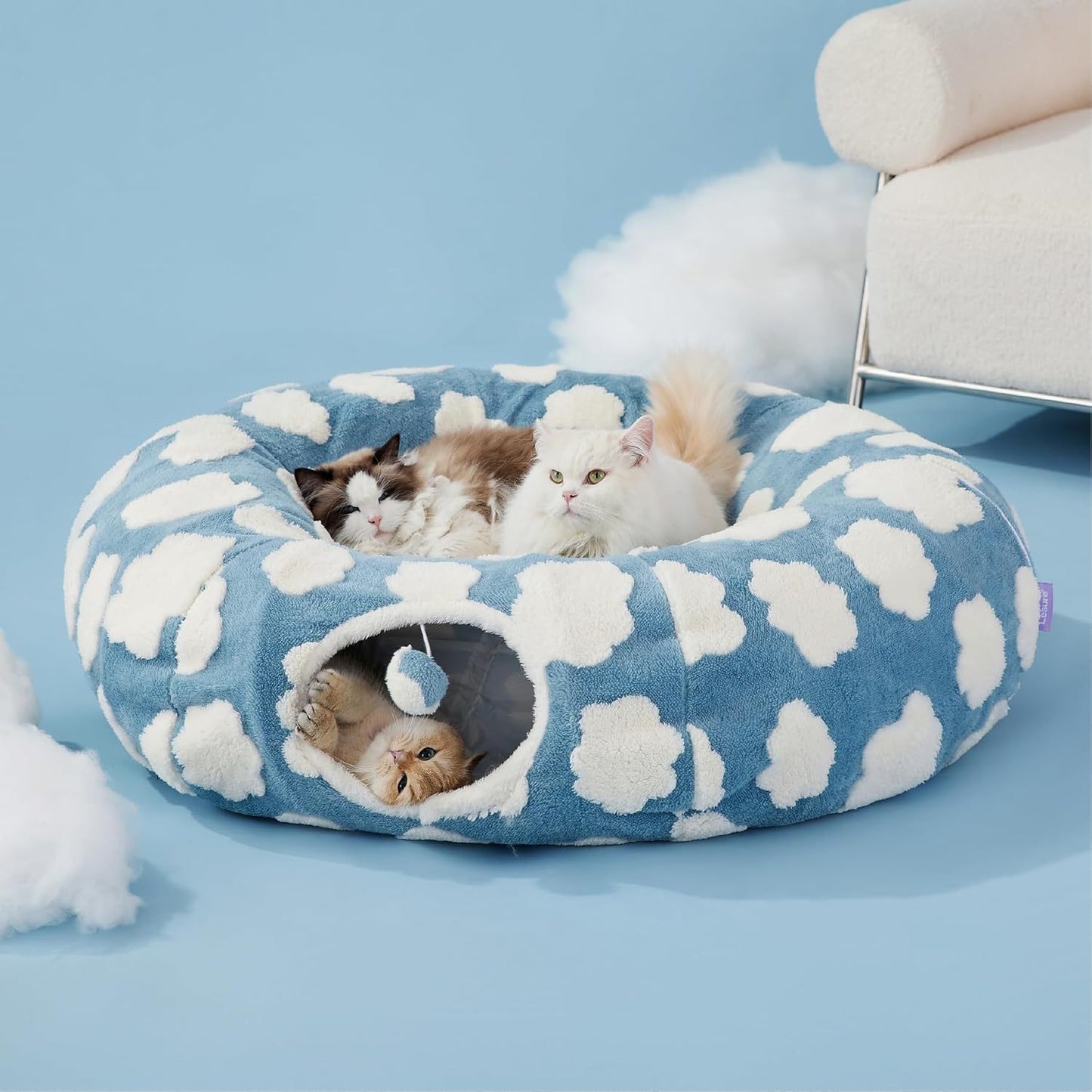 Blue Daisy Cat Tunnel Bed Plush Donut Cave And Play Tube With Detachable Cushion For Indoor Cats