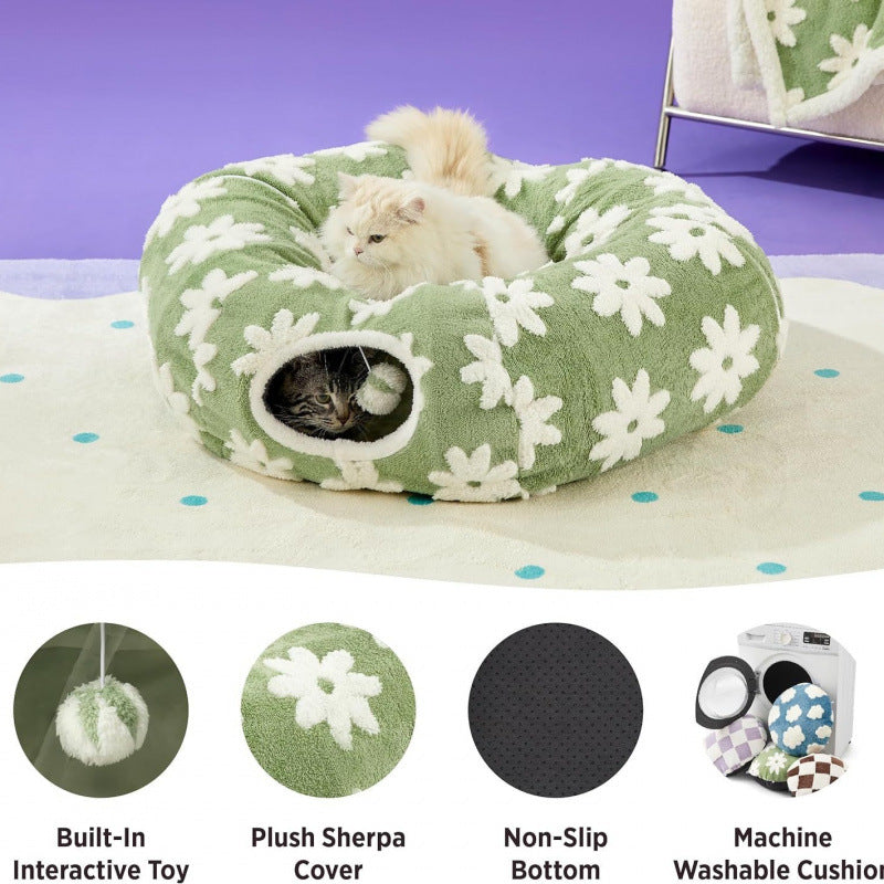 Blue Daisy Cat Tunnel Bed Plush Donut Cave And Play Tube With Detachable Cushion For Indoor Cats