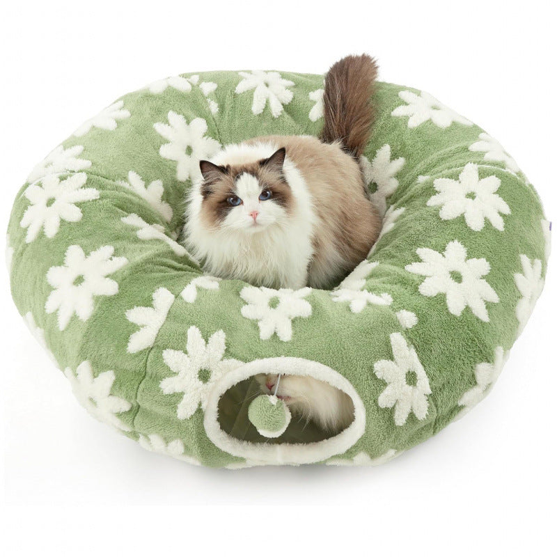 Blue Daisy Cat Tunnel Bed Plush Donut Cave And Play Tube With Detachable Cushion For Indoor Cats