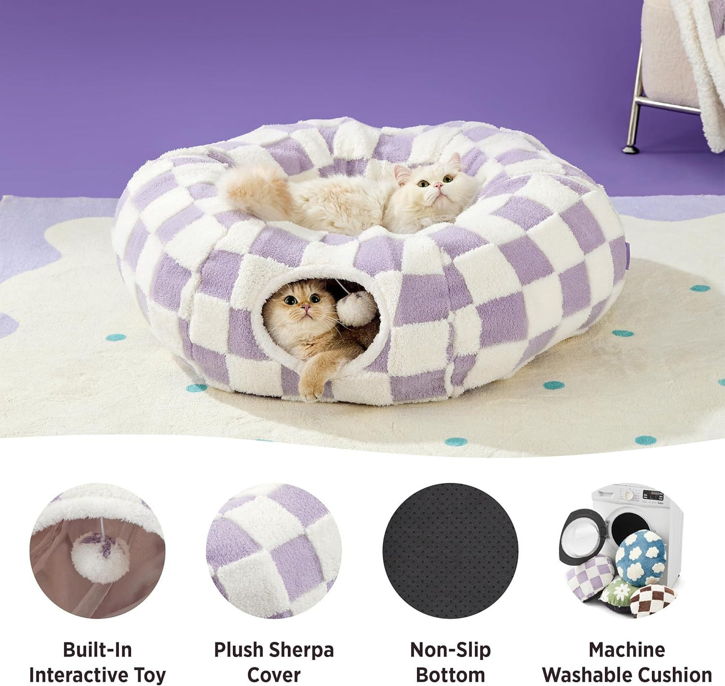Blue Daisy Cat Tunnel Bed Plush Donut Cave And Play Tube With Detachable Cushion For Indoor Cats