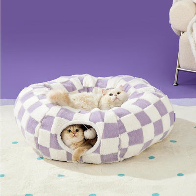 2 In 1 Cat Tunnel Bed Purple Daisy 80cm Plush Donut Cave Play Tube With Washable Cushion And Hanging Toy For Indoor Cats