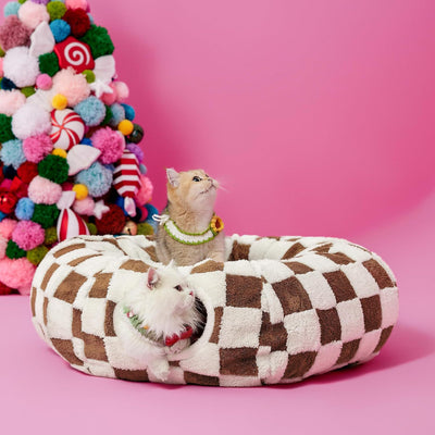 2-In-1 Cat Tunnel Bed Coffee Brown Daisy 80cm Plush Donut Cave Play Tube Detachable Cushion Interactive Hanging Toy