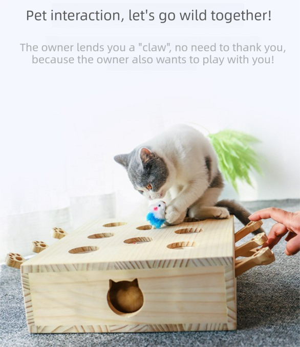 Interactive Wooden Cat Toy Whack-A-Mole Box - Solid Pine Puzzle Game with Pop-Up Plush Mice - Mental Enrichment & Bonding for Indoor Cats