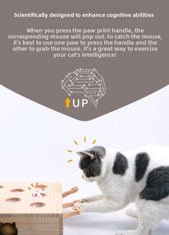 Interactive Wooden Cat Toy Whack-A-Mole Box - Solid Pine Cloud Puzzle with Pop-Up Cartoon Figures - Mental Enrichment & Bonding Game for Indoor Cats