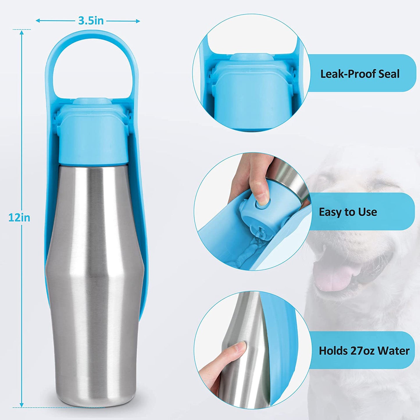 Grey 27oz Food-Grade 304 Stainless Steel Pet Water Bottle - Portable Dog and Cat Travel Cup, Outdoor Feeder for Walks and Hikes