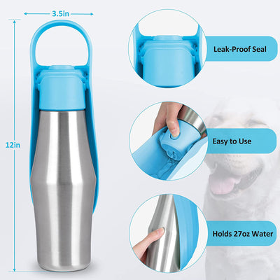 Grey 27oz Food-Grade 304 Stainless Steel Pet Water Bottle - Portable Dog and Cat Travel Cup, Outdoor Feeder for Walks and Hikes