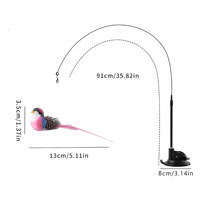 Interactive Self-Play Cat Wand with Suction Base - Automatic Bouncing Teaser Including Bell & 3 Bird Attachments(Pink)