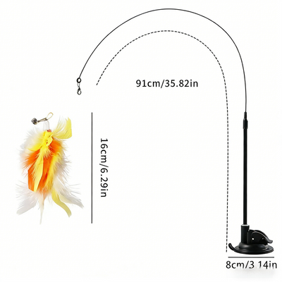Interactive Self-Play Cat Wand with Suction Base, Feather & Bell - Automatic Bouncing Teaser(Yellow)