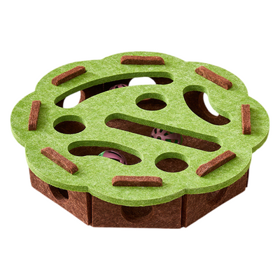 Green-Brown Felt Puzzle Flower Shape Box Cat Toy with 2 Metal Bell Balls - Scratch-Resistant & Interactive Hide-and-Seek Toy, Brain Stimulating Fun
