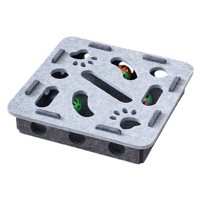 Grey Felt Puzzle Square Shape Box Cat Toy with 2 Metal Bell Balls - Scratch-Resistant & Interactive Hide-and-Seek Toy, Brain Stimulating Fun