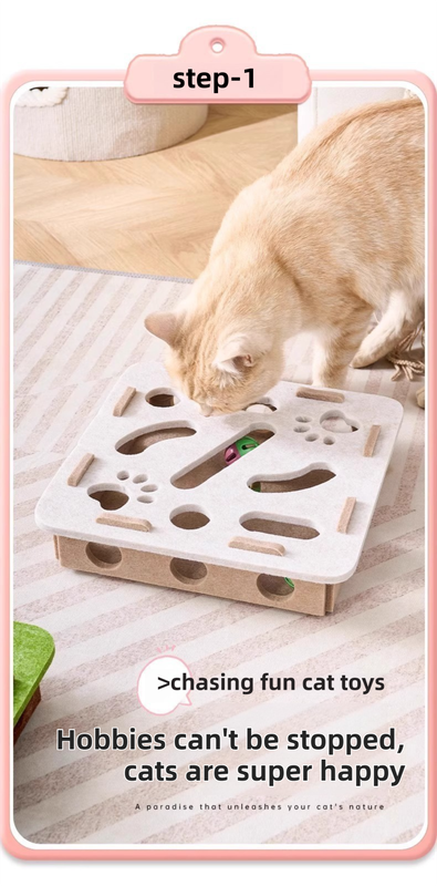 White Felt Puzzle Square Shape Box Cat Toy with 2 Metal Bell Balls - Scratch-Resistant & Interactive Hide-and-Seek Toy, Brain Stimulating Fun