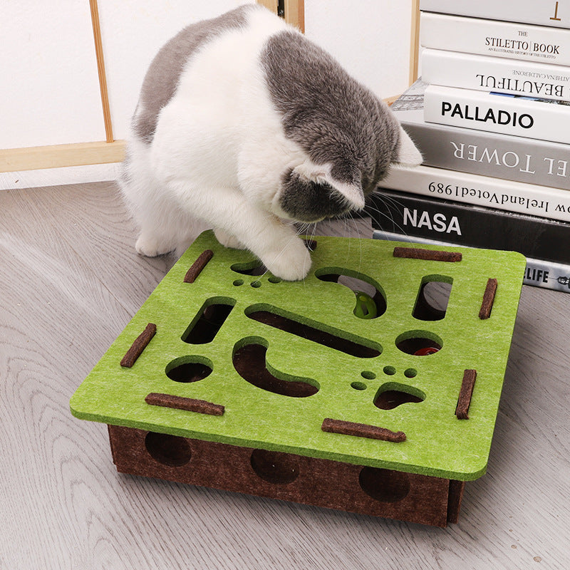 White Felt Puzzle Square Shape Box Cat Toy with 2 Metal Bell Balls - Scratch-Resistant & Interactive Hide-and-Seek Toy, Brain Stimulating Fun