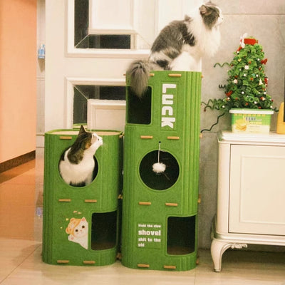 Green 2-Tier Felt Cat Tree & Scratches-Resistant Hideout - Durable Secure Non-Shedding Cat Condo and Play Tower for Indoor Cats