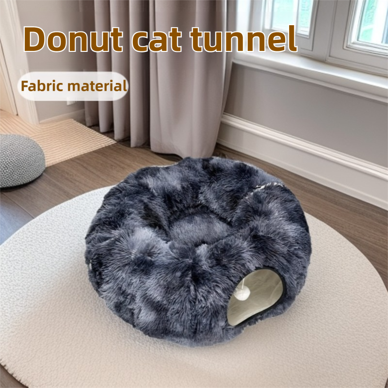 2-in-1 Dark Grey Tie-Dye Donut-Shaped Cat Tunnel Bed -  Spacious 85cm Pet Play Tunnel & Lounger, Durable Fabric for Cats & Kittens