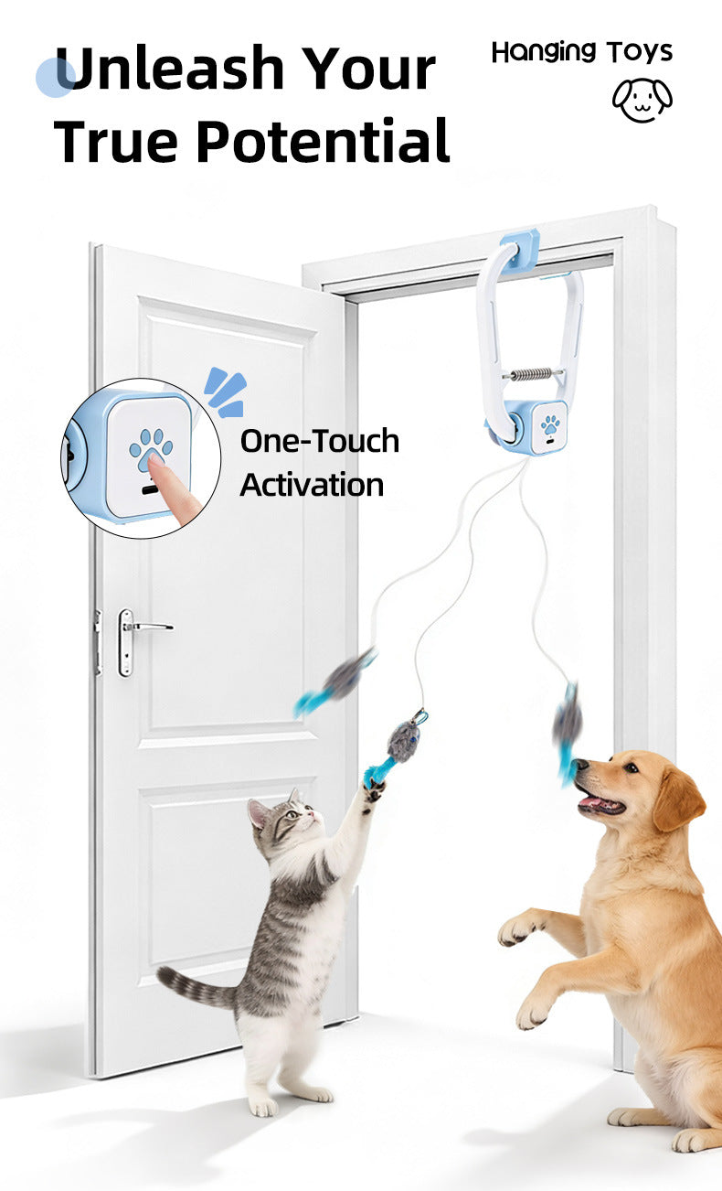 Dual Mode Interactive Cat Toy with Hanging Clamp & 3 Tail Toys - Random Rotating Swinging Teaser for Indoor Cats, Remote Controlled   & Automatic 15-Min Playmate