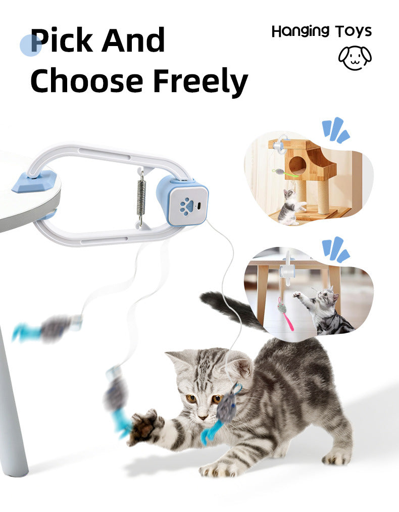 Dual Mode Interactive Cat Toy with Hanging Clamp & 3 Tail Toys - Random Rotating Swinging Teaser for Indoor Cats, Remote Controlled   & Automatic 15-Min Playmate