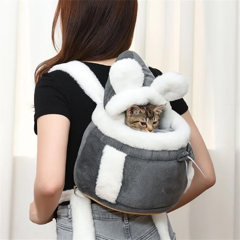 Pink 2-in-1 Ultra-Soft Plush Pet Carrier & Mobile Bed - Portable & Lightweight Cute Rabbit Ear Design Travel Cabin (L 33 x 25 x 27CM)