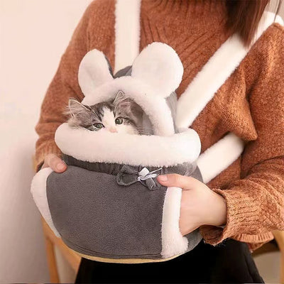 Grey 2-in-1 Ultra-Soft Plush Pet Carrier & Mobile Bed - Portable & Lightweight Cute Rabbit Ear Design Travel Cabin (L 33 x 25 x 27CM)