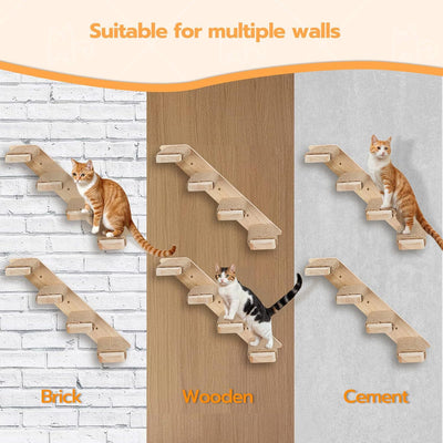 4-Tier Solid Wood Wall-Mounted Cat Climbing Ladder - Vertical Jumping Steps for Indoor Cats with Installation Kit