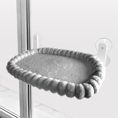 Grey Plush Cat Window Hammock with Strong Suction Cups, Faux Rabbit Fur Pet Bed for Cats and Small Dogs, Space-Saving Foldable Hanging Cat Perch for Sunbathing and Relaxation