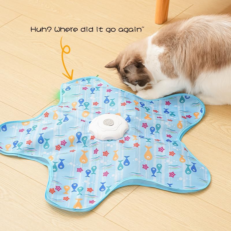 Automatic Cat Hunting Game Mat with 360° Teaser Wand, USB-C Rechargeable Interactive Pet Toy for Indoor Cats, Self-Entertainment Hide-and-Seek Play Mat, Durable Fabric & ABS Construction(Five-pointed fish design)