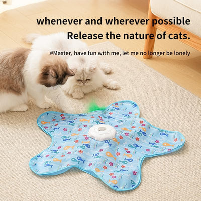 Automatic Cat Hunting Game Mat with 360° Teaser Wand, USB-C Rechargeable Interactive Pet Toy for Indoor Cats, Self-Entertainment Hide-and-Seek Play Mat, Durable Fabric & ABS Construction(Five-pointed star, beige)