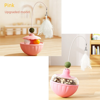 Pink 2Pcs Interactive Cat Wobble Toy Set - Dual Ball Turntable & Feeder with Feather Teaser and Catnip Ball - PP Plastic for Kitten Self-Entertainment