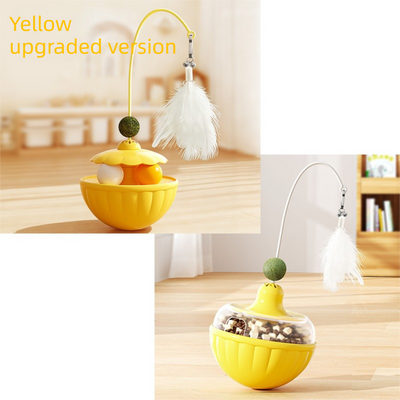 Yellow 2Pcs Interactive Cat Wobble Toy Set - Dual Ball Turntable & Feeder with Feather Teaser and Catnip Ball - PP Plastic for Kitten Self-Entertainment