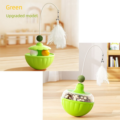 Green 2Pcs Interactive Cat Wobble Toy Set - Dual Ball Turntable & Feeder with Feather Teaser and Catnip Ball - PP Plastic for Kitten Self-Entertainment