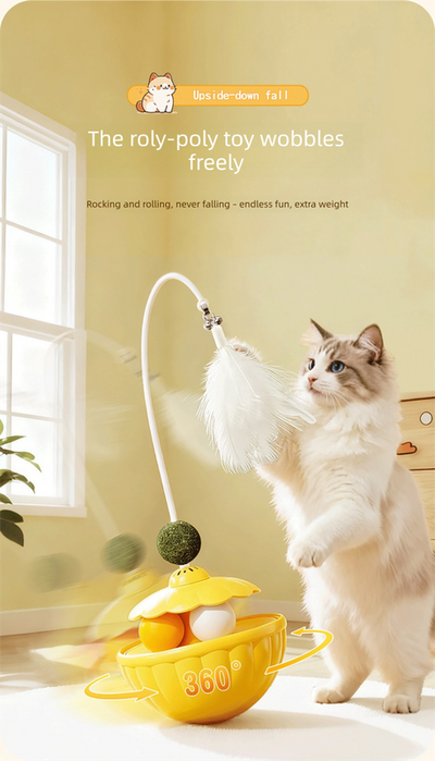 Green 2Pcs Interactive Cat Wobble Toy Set - Dual Ball Turntable & Feeder with Feather Teaser and Catnip Ball - PP Plastic for Kitten Self-Entertainment